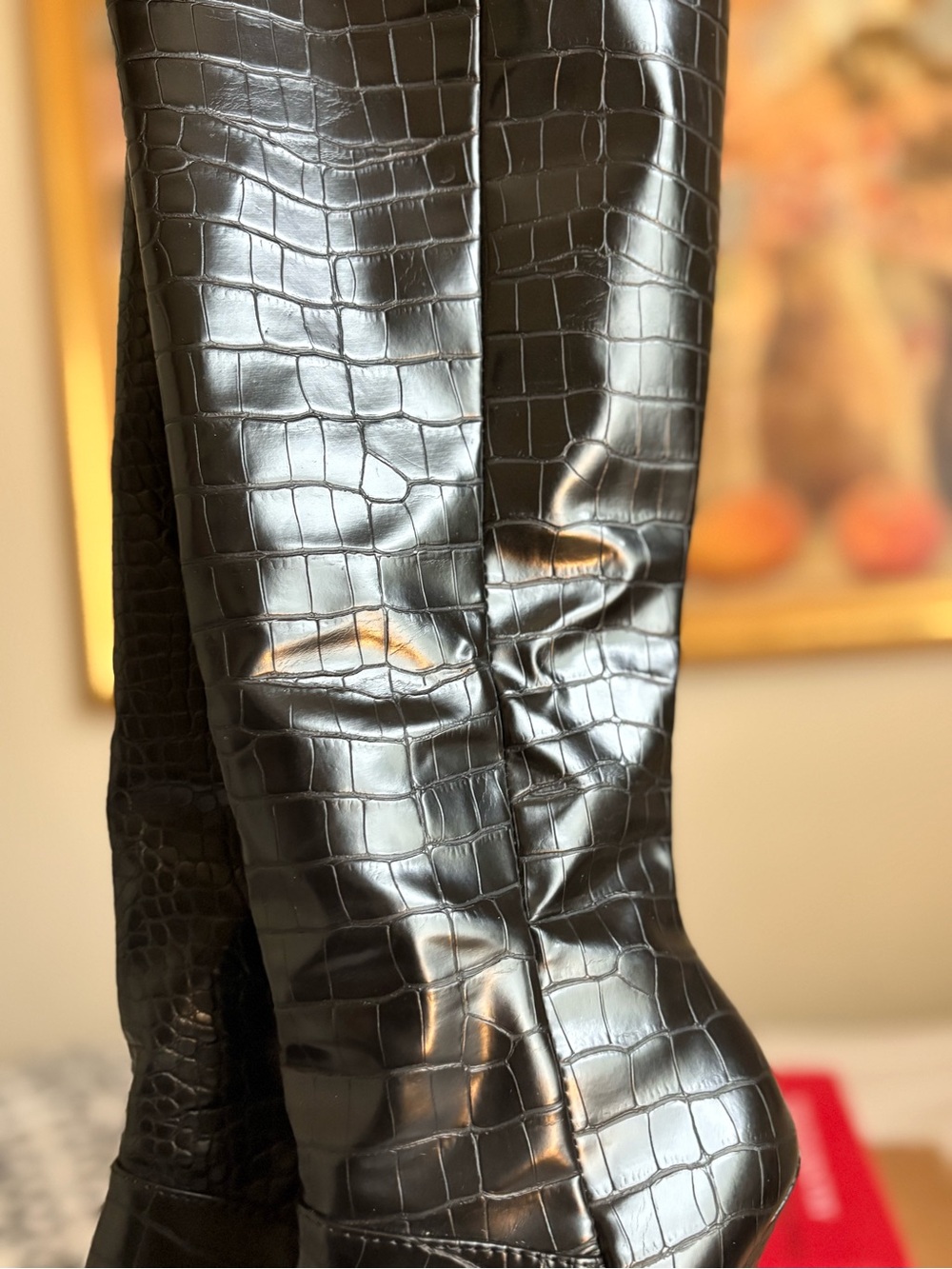 Black Croc Knee High Boots - Picture 2 of 4